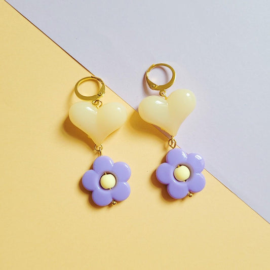Flower power purple and pale yellow pendant earrings