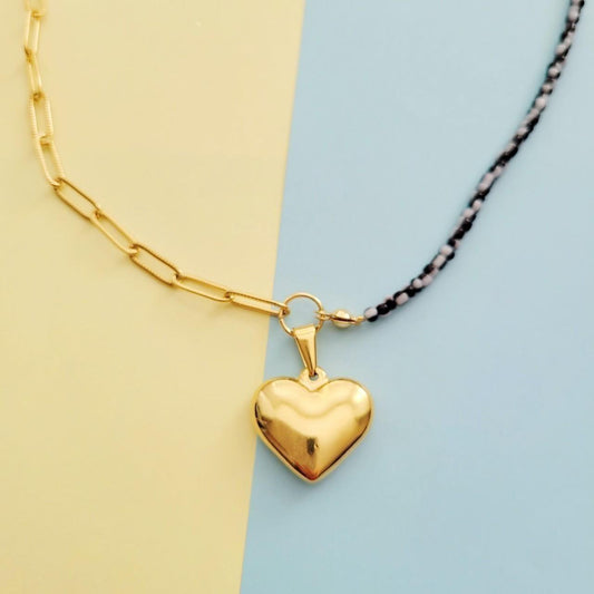 Black/White Boho gold heart beaded chain necklace