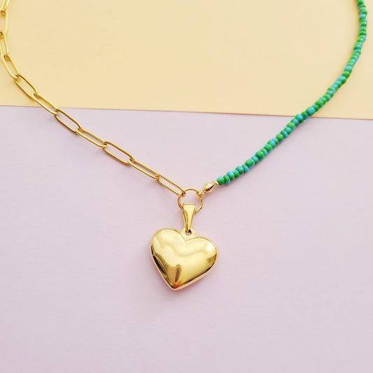 Blue/Green Boho gold heart beaded chain necklace