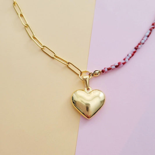 Red/White Boho gold heart beaded chain necklace
