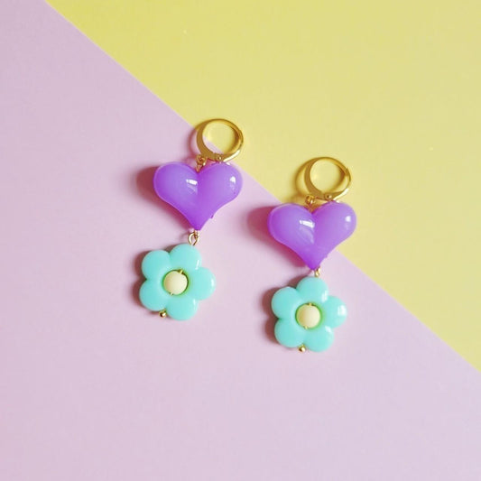 Flower power heart green and purple pendant earrings