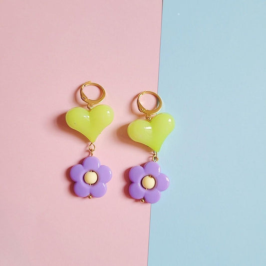 Flower power heart green and purple earrings