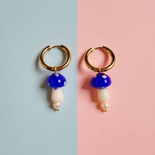Blue lampwork mushroom pendant golden hoop earrings