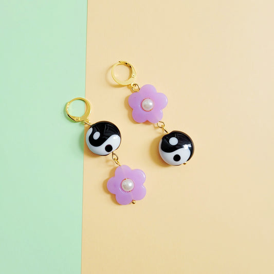 Yin yang flower power purple pendant earrings