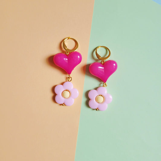 Flower power heart pink pendant earrings