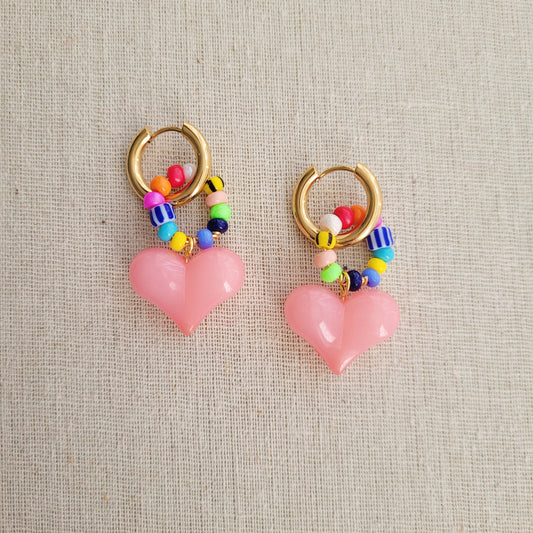 Pink heart beaded golden hoop earrings