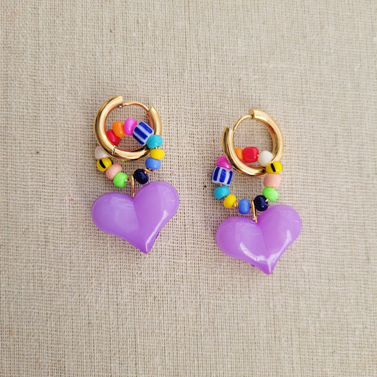 Purple heart beaded golden hoop earrings