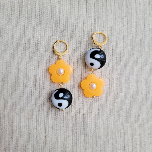 Yin yang flower power orange pendant earrings