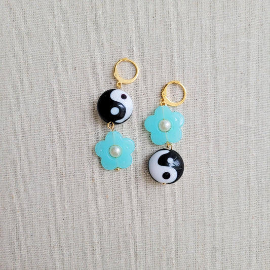 Yin yang flower power blue  pendant earrings