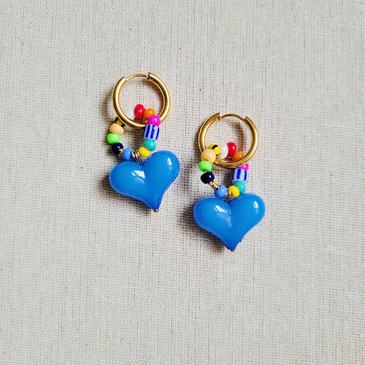 Blue heart beaded golden hoop earrings