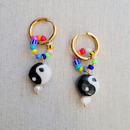 Yin yang beaded golden hoop earrings